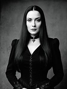 Woman in Morticia Addams Costume Waist Up Studio Portrait Cinematic Black and White