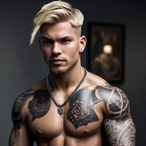 Muscular Young Man with Platinum Blonde Hair and Full Chest Tattoos