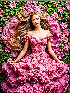 Woman in Pink Gown on Floral Bed