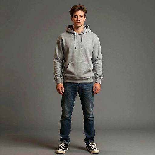 Young Man in Gray Hoodie and Jeans Standing Against Neutral Background