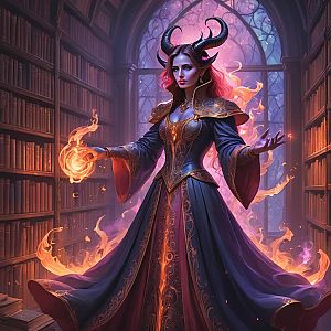 Powerful Woman with Horns in Ancient Library