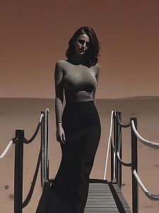Confident Woman on Wooden Bridge in Desert Landscape