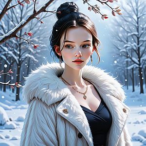 Elegant Woman in White Fur Coat in Snowy Forest Digital Portrait