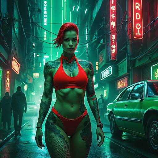 Cyberpunk Woman with Red Hair and Tattoos on Neon-Lit Street
