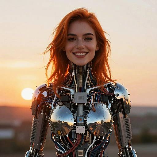 Futuristic Red-Haired Female Android with Cybernetic Body at Sunset