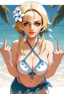 Blonde Woman in Blue and White Bikini on Tropical Beach Digital Art
