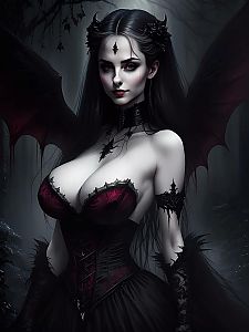 Gothic Dark Woman with Bat Wings in Corset Dress Digital Art