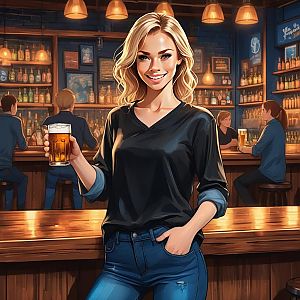 Blonde Woman Holding Beer in Pub Digital Illustration