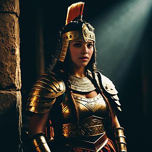 Woman in Detailed Golden Roman Warrior Armor with Red Plume