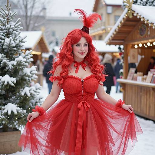 Woman in Red Dress and Feathers at Snowy Outdoor Market