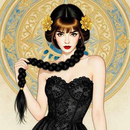Elegant Woman in Black Lace Corset with Braided Hair and Ornate Background