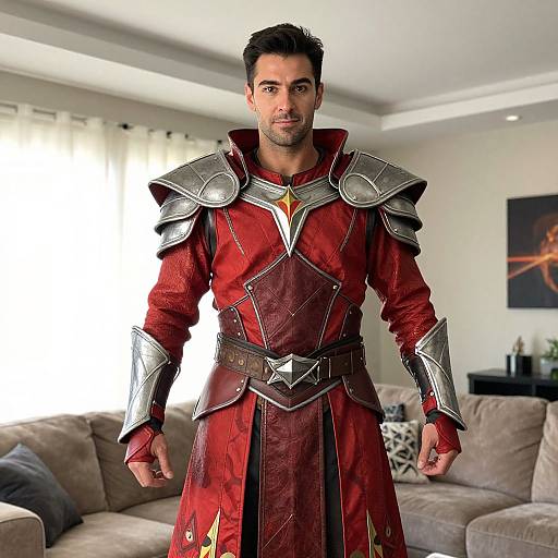 Man in Detailed Red Fantasy Armor Costume in Living Room
