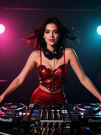 Confident Woman DJ in Red Sequined Outfit Performing with Professional DJ Equipment
