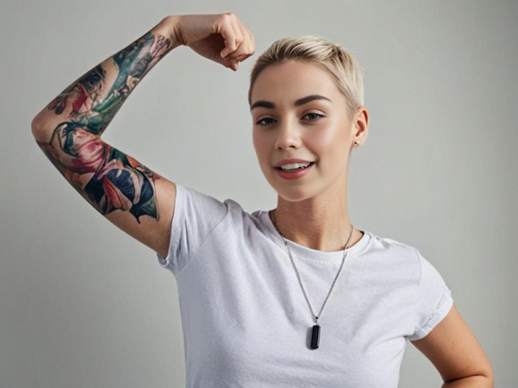 Confident Woman Flexing Tattooed Arm in Artistic Style