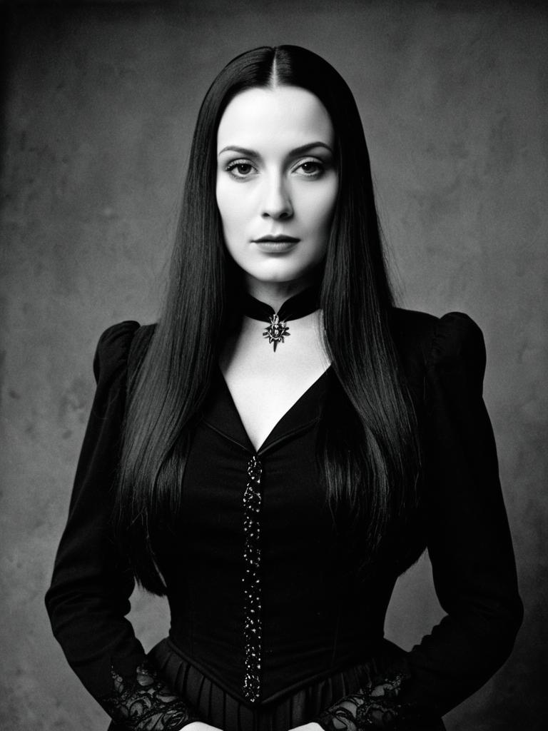 Woman in Morticia Addams Costume Waist Up Studio Portrait Cinematic Black and White