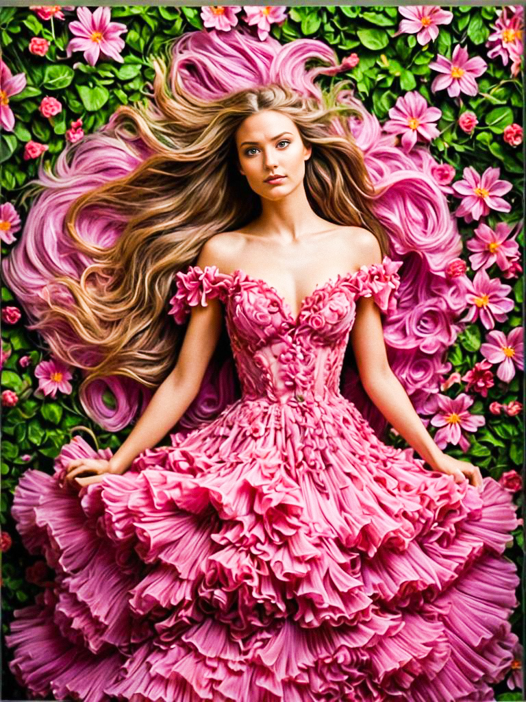 Woman in Pink Gown on Floral Bed