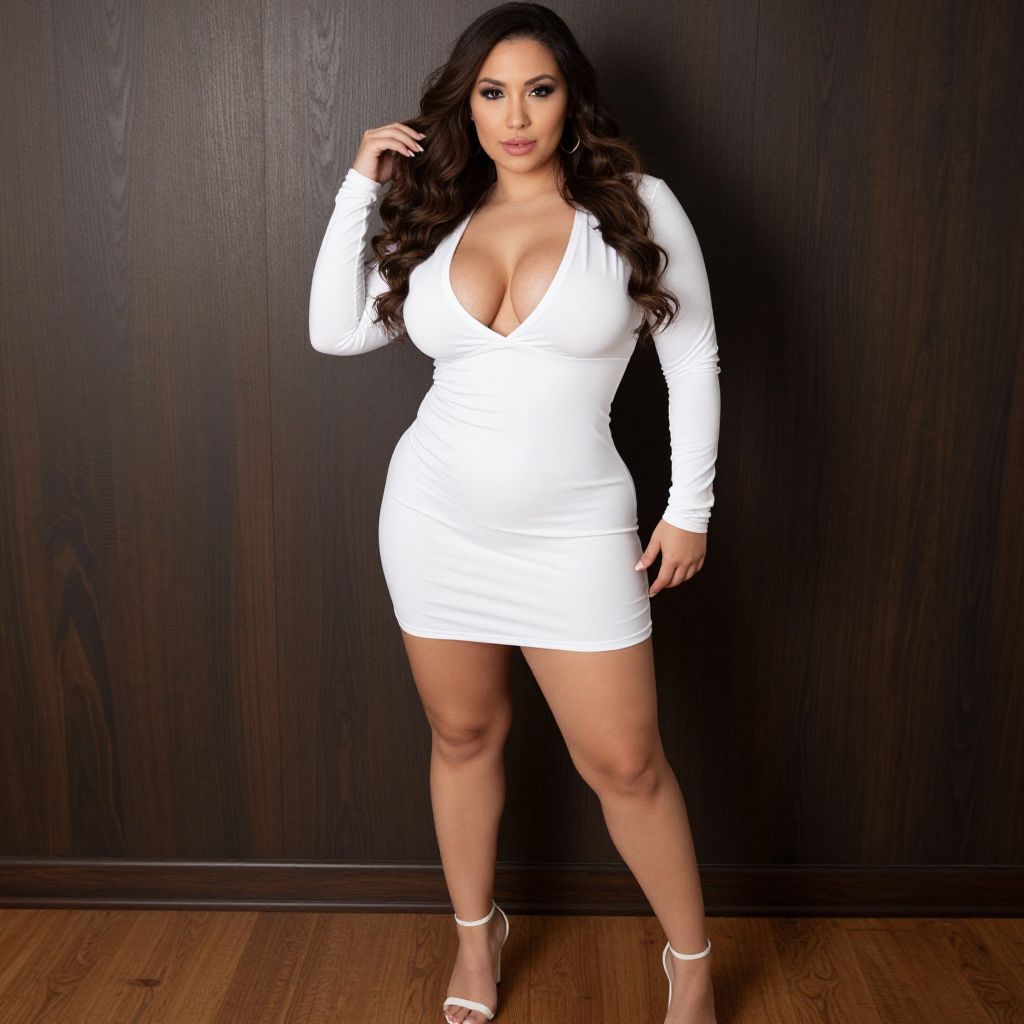 Confident Woman in White Long Sleeve Mini Dress Posing Against Dark Wood