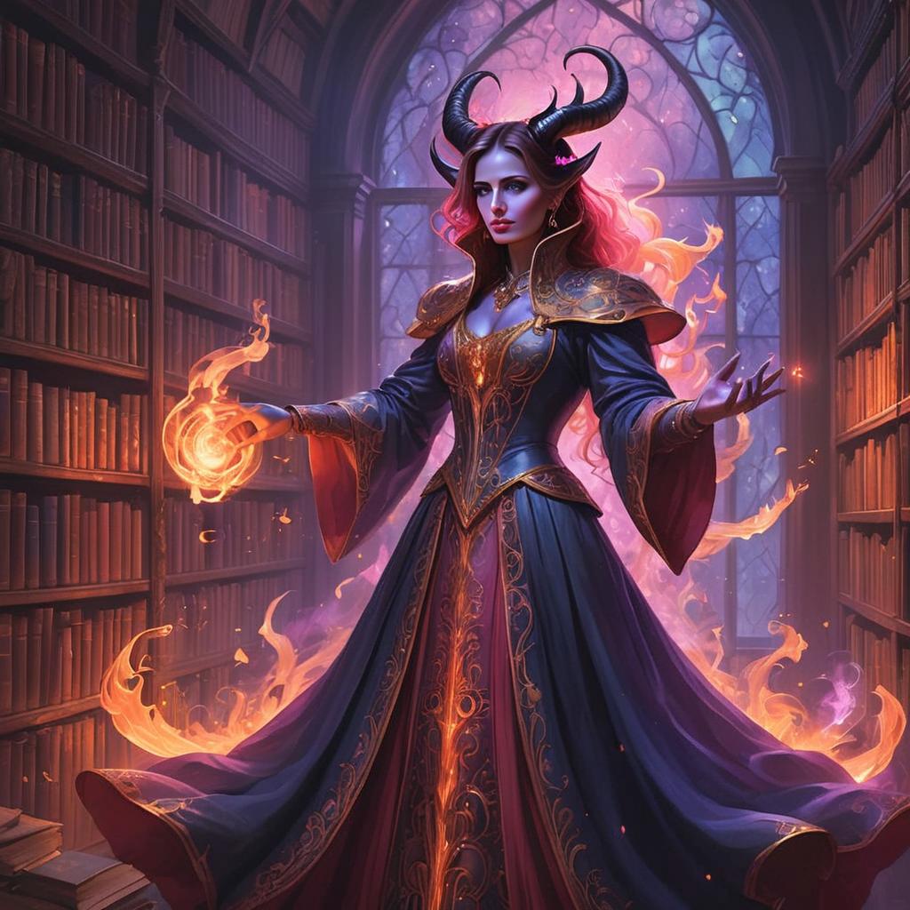 Powerful Woman with Horns in Ancient Library Powerful Woman with Horns in Ancient Library