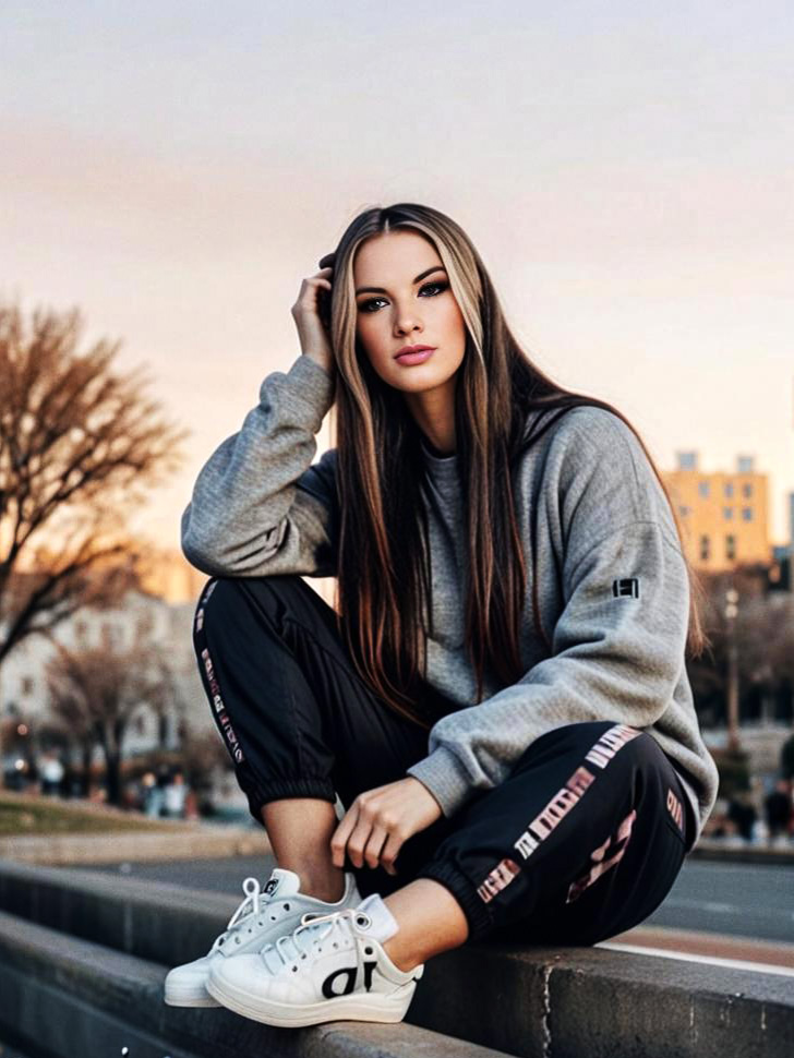 Fashionable Young Woman in Urban Style at Sunset