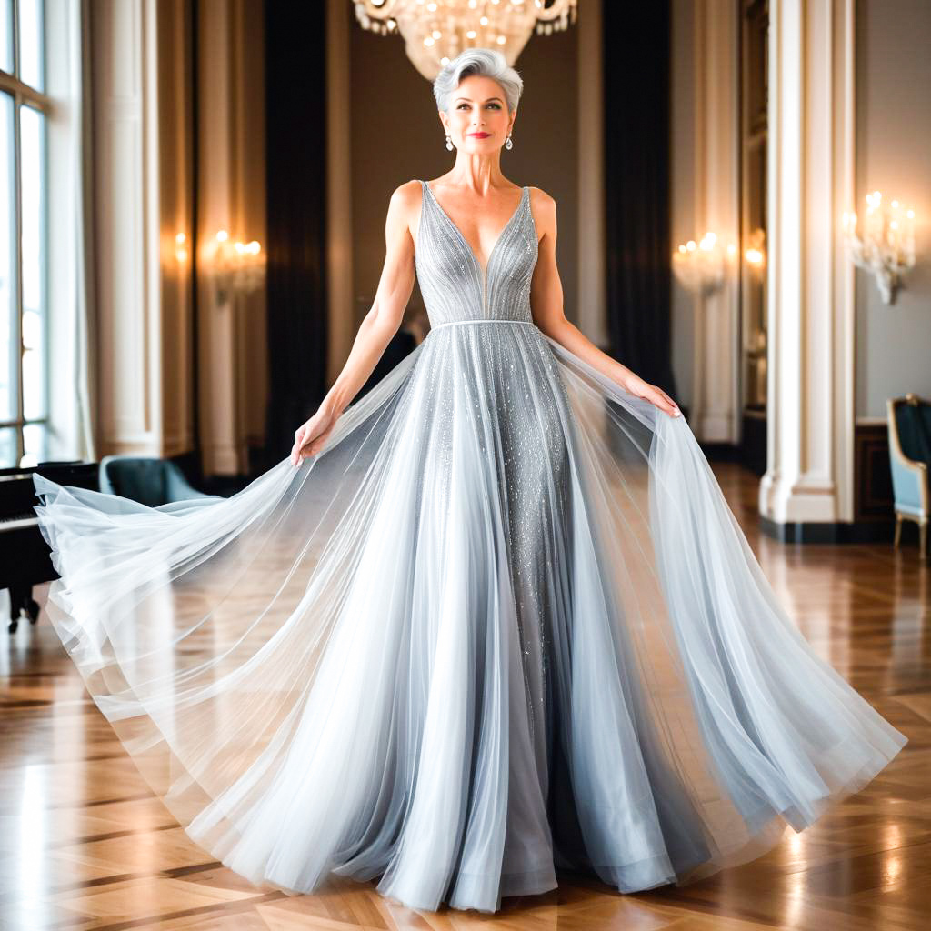 Woman Twirling in Elegant Gray Gown