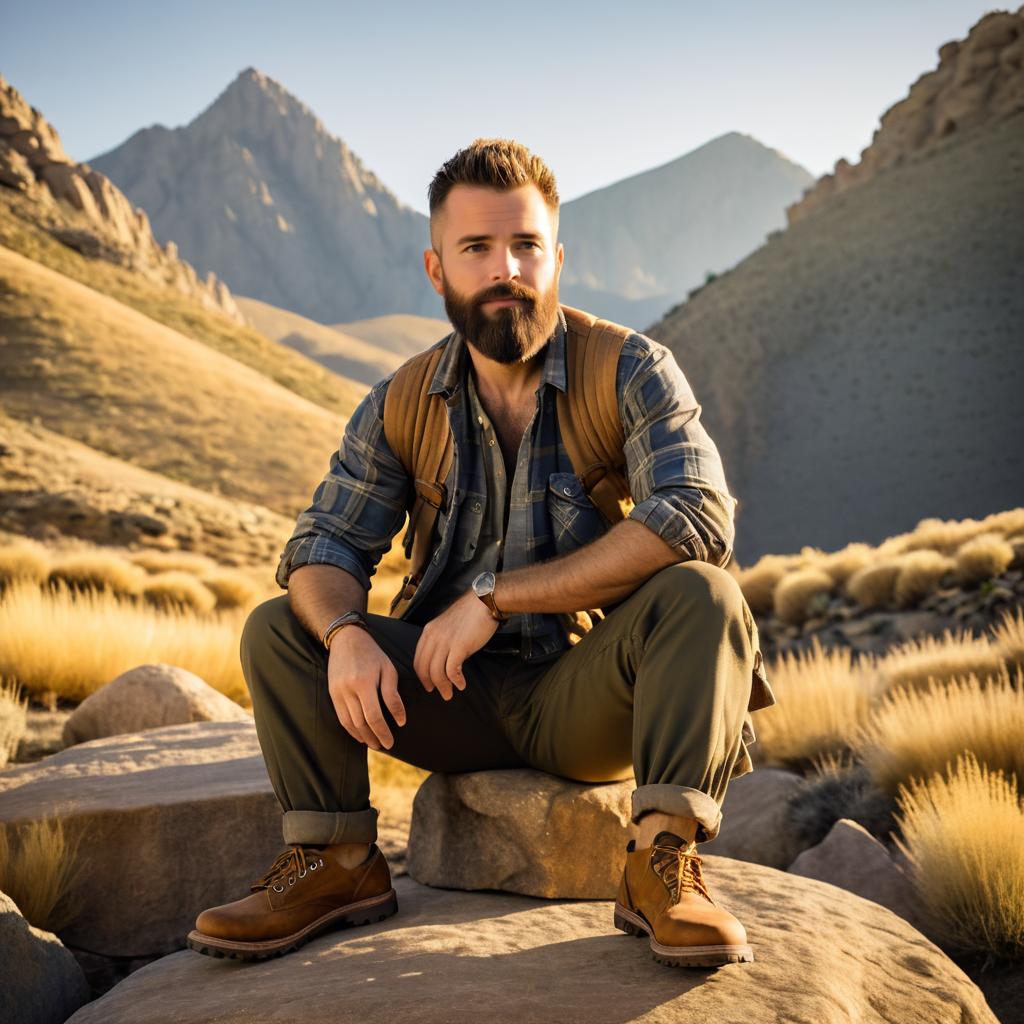 Bearded Man Hiking in Mountains