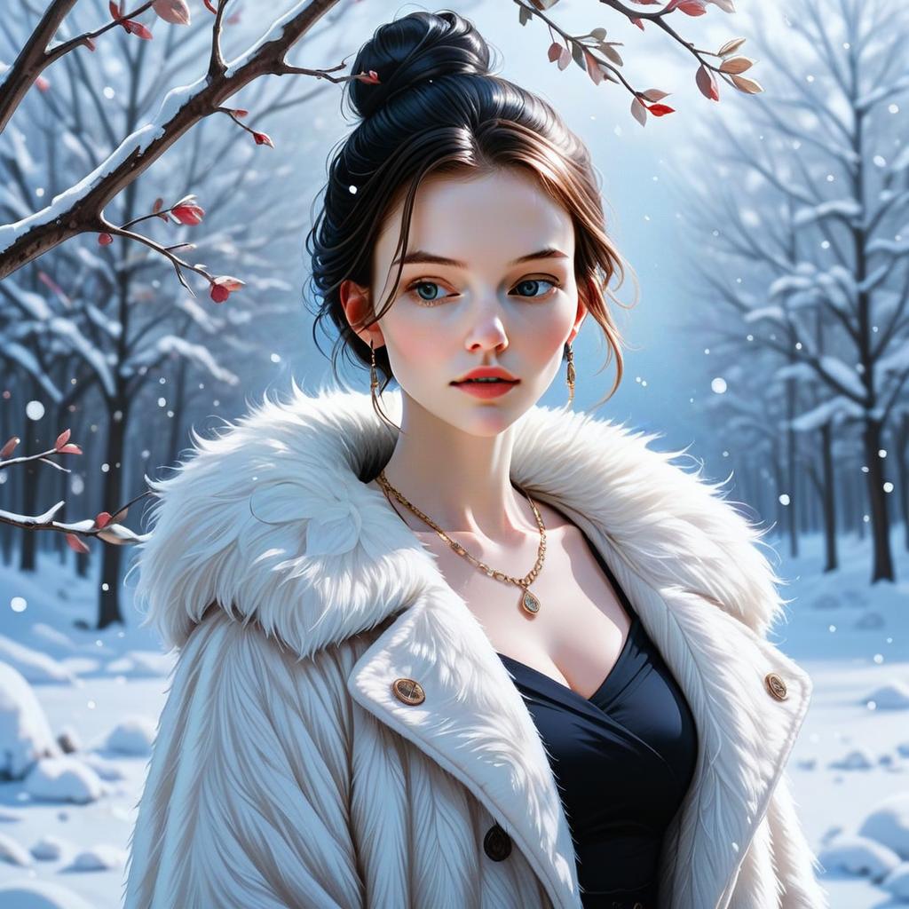 Elegant Woman in White Fur Coat in Snowy Forest Digital Portrait