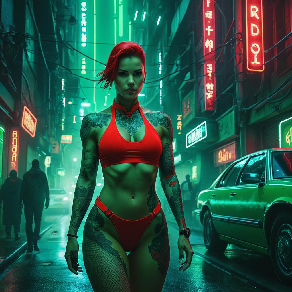 Cyberpunk Woman with Red Hair and Tattoos on Neon-Lit Street