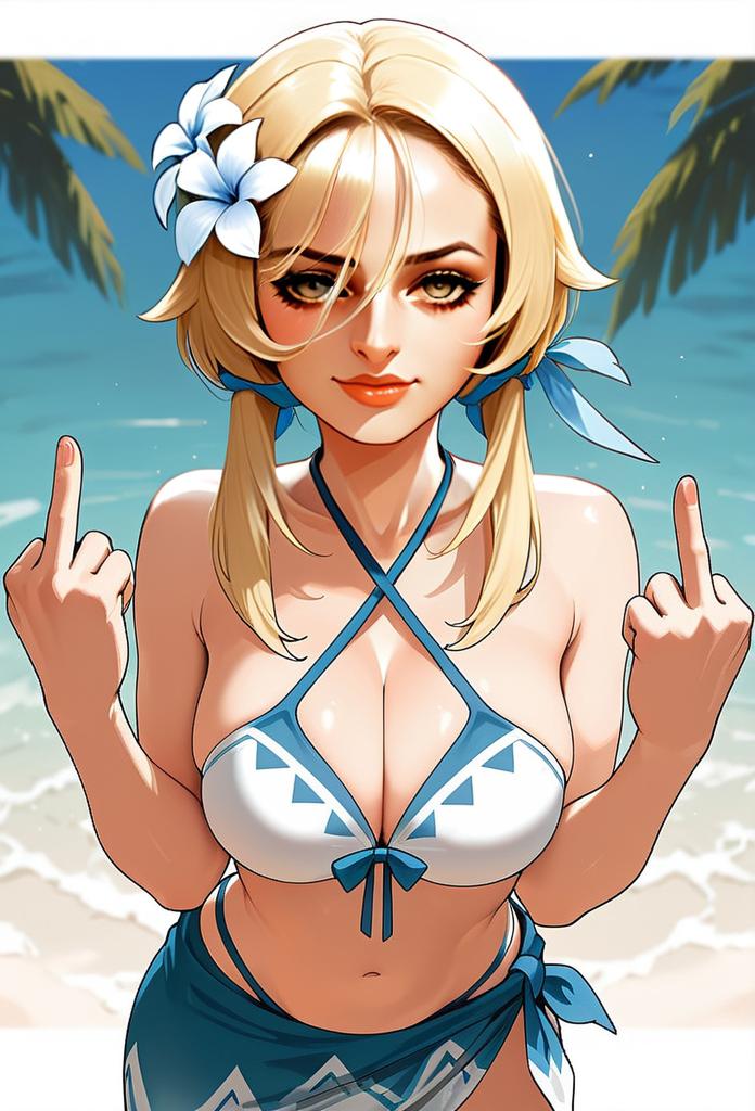 Blonde Woman in Blue and White Bikini on Tropical Beach Digital Art