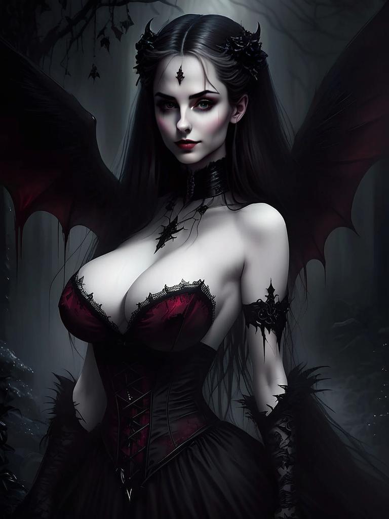 Gothic Dark Woman with Bat Wings in Corset Dress Digital Art
