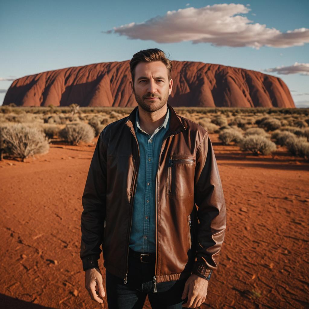 Man in Stylish Jacket at Uluru Desert Landscape