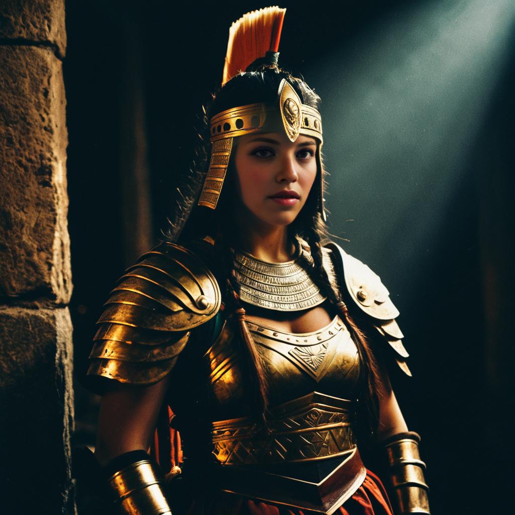 Woman in Detailed Golden Roman Warrior Armor with Red Plume
