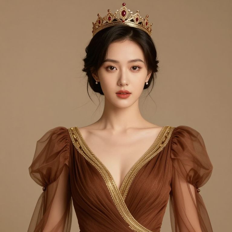 Elegant Woman in Brown Sheer Gown with Gold Crown