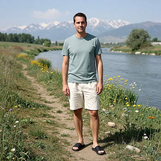 Man Standing by River with Snow-Capped Mountains in Background
