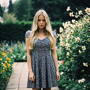 Young Woman in Navy Dress in Flower Garden