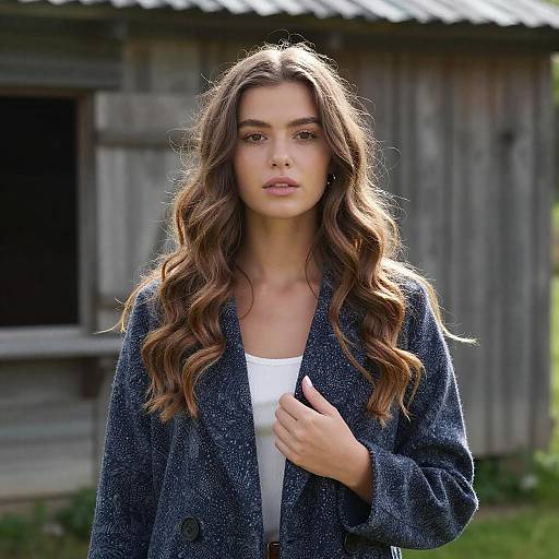 Young Woman in Navy Blue Coat with Wavy Hair Outdoors