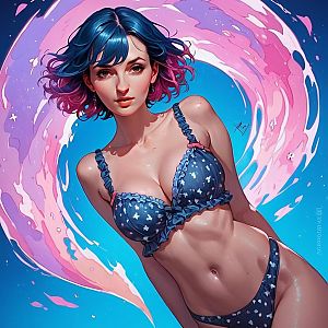 Confident Young Woman in Ruffled Bikini with Blue and Pink Hair