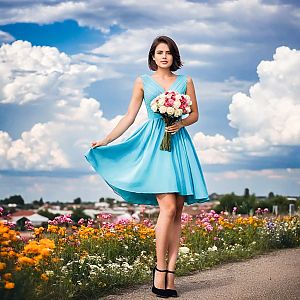 Woman in Light Blue Dress with Flowers