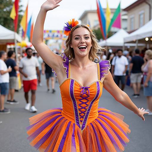 Woman Dancing in Orange and Purple Tutu Costume at Street Festival