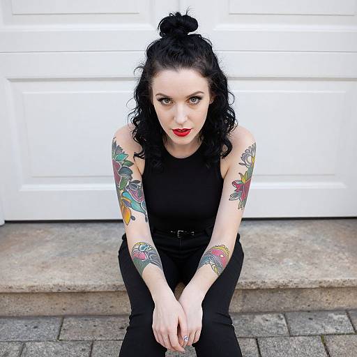 Portrait of a Tattooed Woman with Dark Hair and Red Lipstick Sitting on Steps