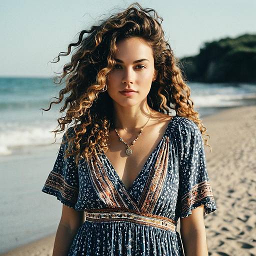 Curly Haired Woman in Bohemian Dress on Beach by Ocean