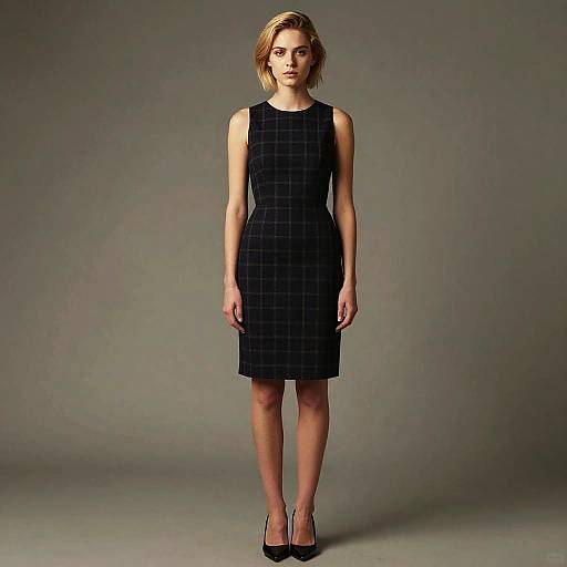Elegant Woman in Black Checkered Sheath Dress