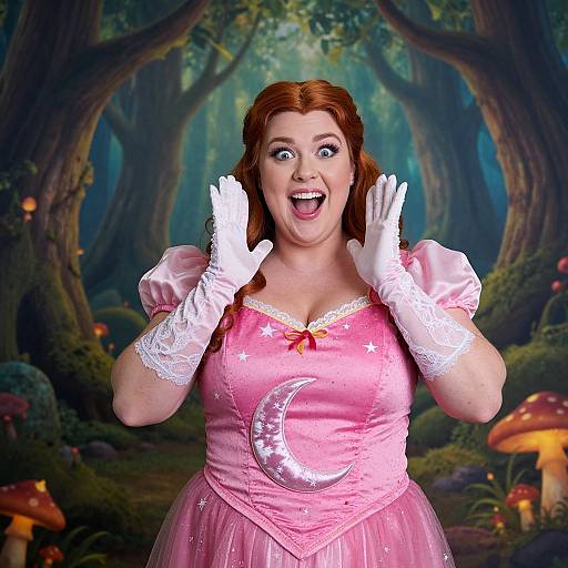 Excited Woman in Pink Fairy Tale Princess Costume in Enchanted Forest