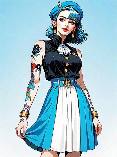 Realistic Comic Style Woman in Retro Outfit with Blue Hair and Tattoos