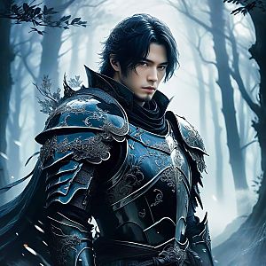 Determined Man in Dark Armor in Misty Forest