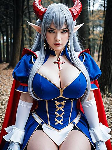 Alicia Granblue Fantasy Realistic Cosplay with Red Horns and Elf Ears in Forest