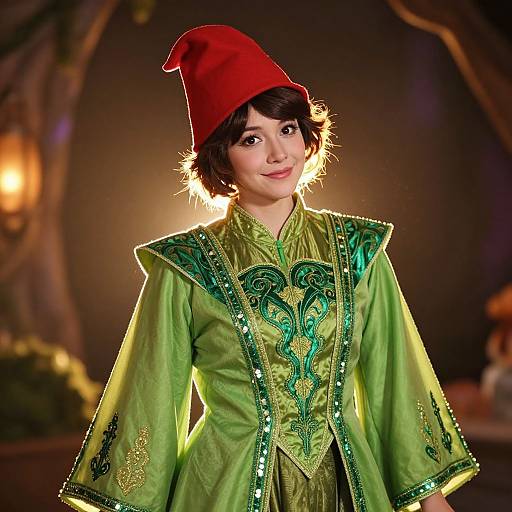 Woman in Intricate Green Costume with Red Pointed Hat Fantasy Style