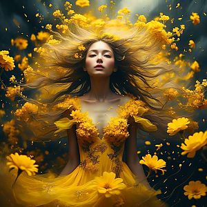 Ethereal Portrait of a Woman with Yellow Flowers