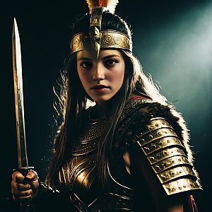 Medieval Woman Warrior in Gold Armor Holding Sword Realistic Portrait