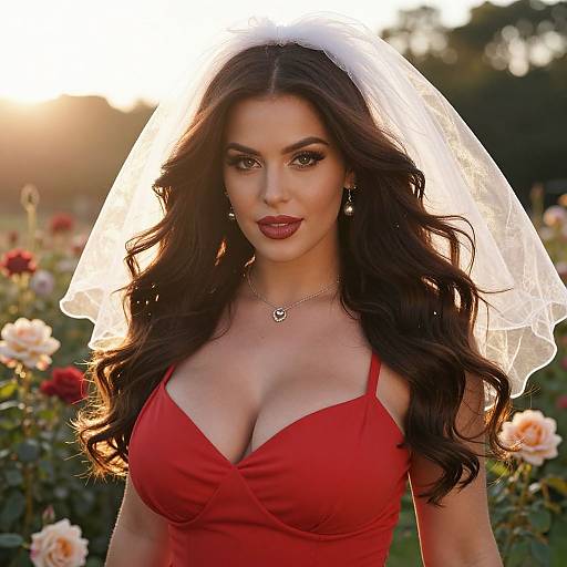 Elegant Woman in Red Dress and Bridal Veil in Rose Garden