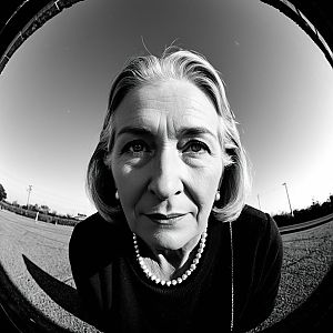 Black and White Wide-Angle Portrait of Elderly Woman Wearing Pearls